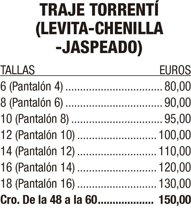 Lista de precios de “Traje Torrenti” en tallas de la 6 a la 18 y tallas grandes de la 48 a la 60, con precios en euros.