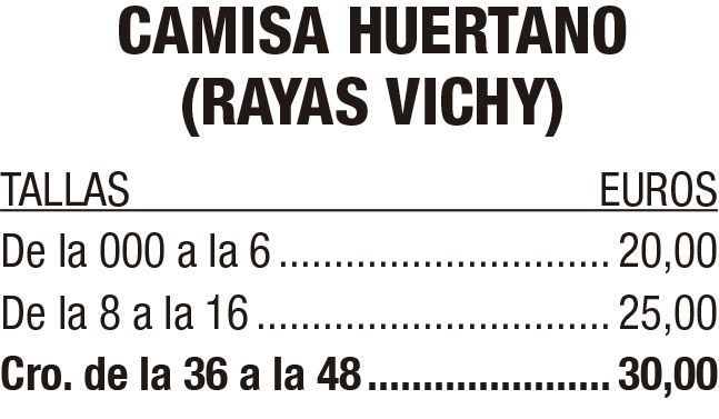 Lista de precios en español para “Camisa huertano (rayas vichy)” por talla, mostrando precios en euros de 20,00 a 30,00.