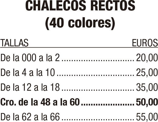Lista de precios de chalecos rectos en 40 colores, con tallas y precios en euros.