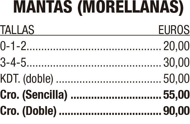 Lista de precios de mantas y plaids, con tamaños y precios en euros.