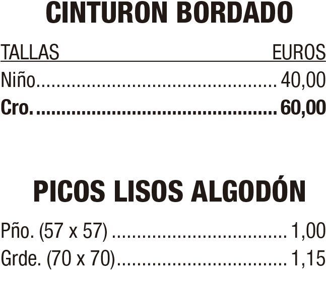 Lista de precios de cinturones bordados y gorras de algodón liso, con tallas y precios en euros.
