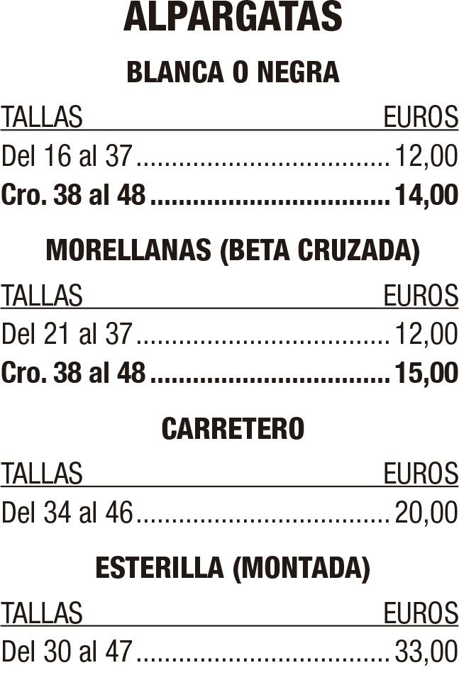 Lista de precios en español para zapatos: alpargatas, morrellanas, carretero y estrella, con tallas y euros.