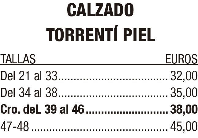 Calzado Torrentí Piel price list: sizes 21–47/48 with euro prices.