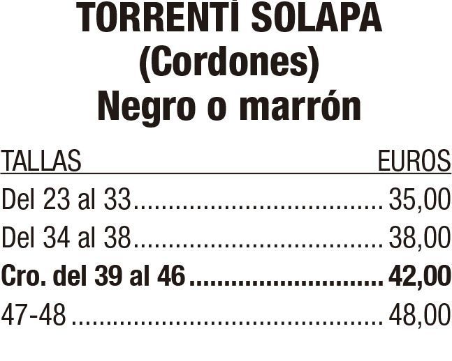 Tabla de precios para “Torrenti Solapa (Cordones)” en negro o marrón, por tallas del 23 al 48
