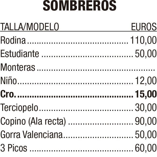 Tabla que muestra los modelos de sombreros y sus precios en euros bajo la sección “Sombreros”.