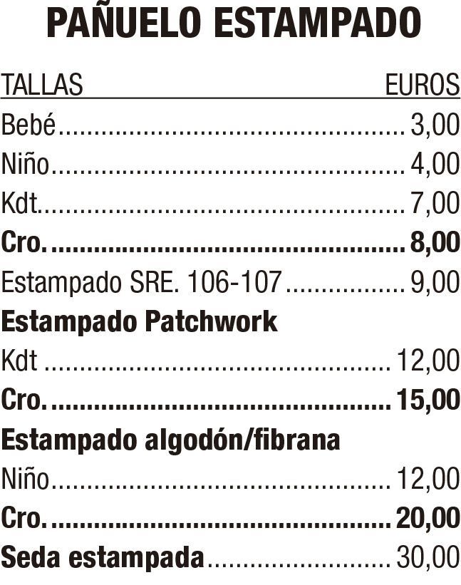Lista de precios en España para pañuelos estampados: tallas para bebés, niños y adultos, con precios en euros.