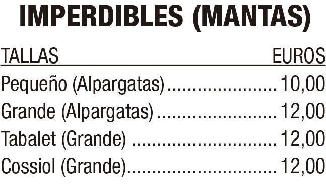 Lista de precios de zapatos con estampado de manta bordados, con tallas y precios en euros en texto negro sobre fondo blanco.