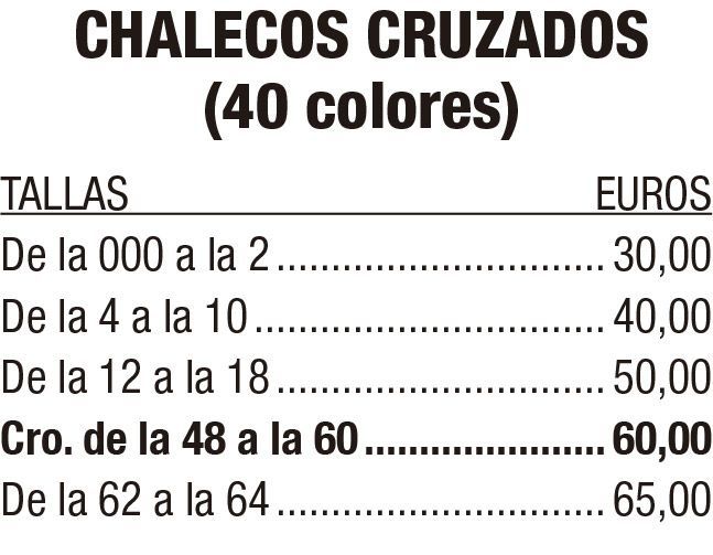 Tabla de precios de chalecos cruzados (40 colores) por tallas, en euros.