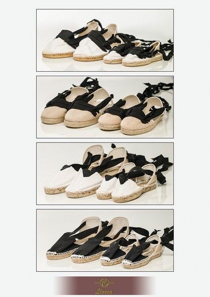 Cuatro paneles muestran pares de alpargatas en negro, blanco y color canela, con cordones de cinta sobre un fondo blanco.