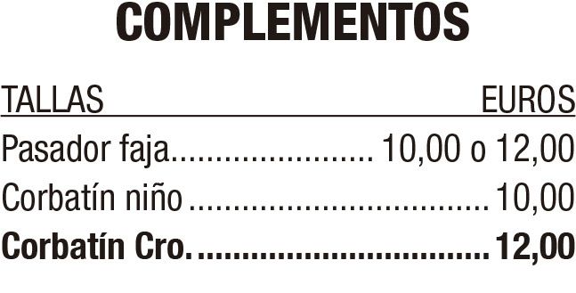 Tabla de complementos con tallas y precios en euros, incluyendo pasador faja y corbatín niño/cro.