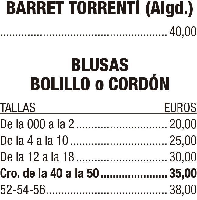 Lista de precios de ropa española para blusas, con tallas y precios en euros en texto negro sobre fondo blanco.