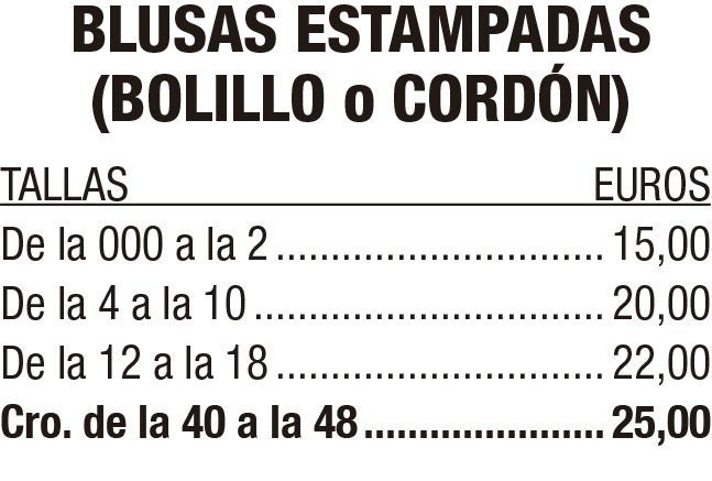 Lista de precios de blusas estampadas, con tallas y precios en euros desde 15,00 hasta 25,00.