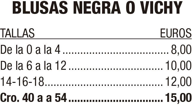 Lista de precios de blusas negras o de tela Vichy, tallas 0–54, con precios en euros por rango de talla.