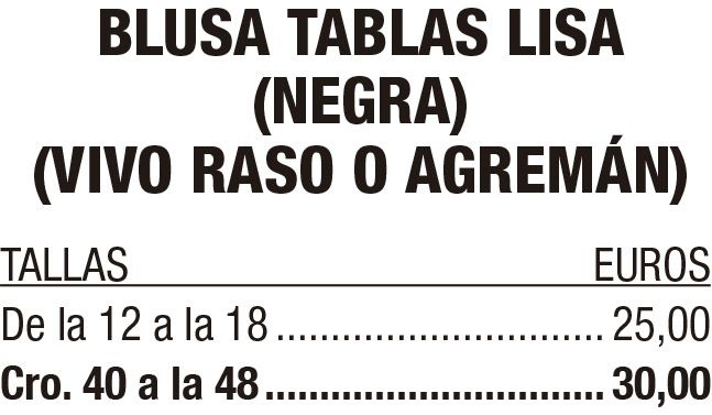 Lista de precios de blusas negras de punto liso con escote redondo o ribeteado, tallas 12–48 en euros.