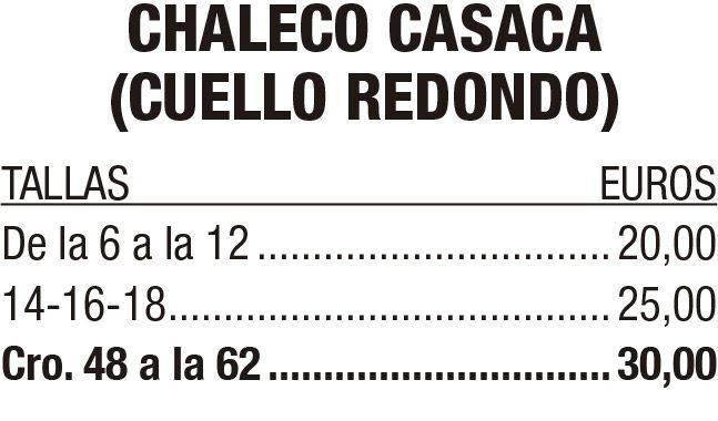 Tabla de tallas de chaleco/casaca cuello redondo con precios en euros.