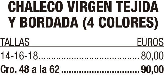 Tabla de precios de chaleco virgen tejida y bordada en 4 colores y tallas 14-62.