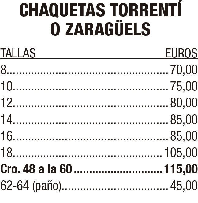 Lista de precios de Torrentí o Zaragüels: tallas 8-64 con precios en euros.