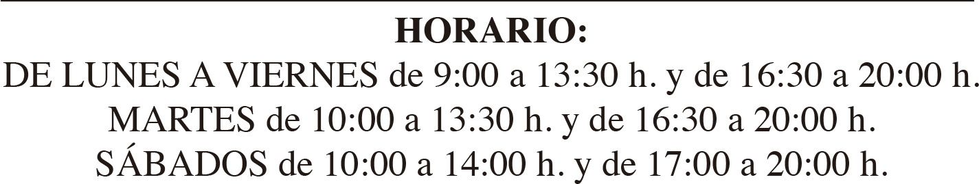 Horario de atención en español, con días y horas de lunes a sábado.