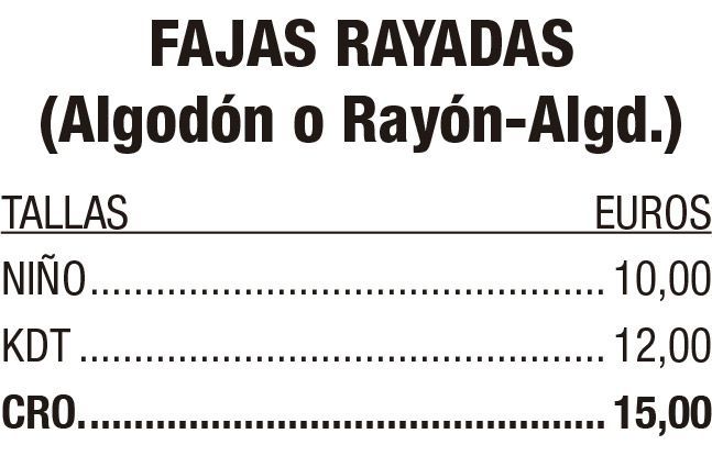 Lista de precios de calcetines a rayas: niño 10,00 €, kdt. 12,00 €, cro. 15,00 €