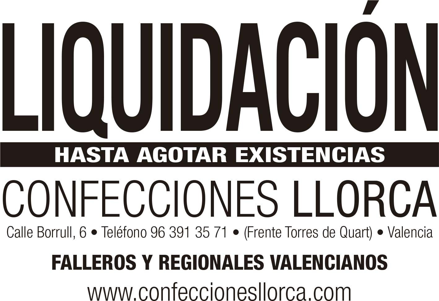 Liquidación de Confecciones Llorca en blanco y negro, con dirección y web del comercio.
