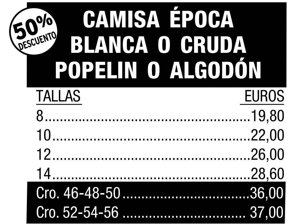 Lista de precios de camisas blancas o de color blanco roto con un 50% de descuento, que oscilan entre 19,80 y 37,00 euros según la talla.