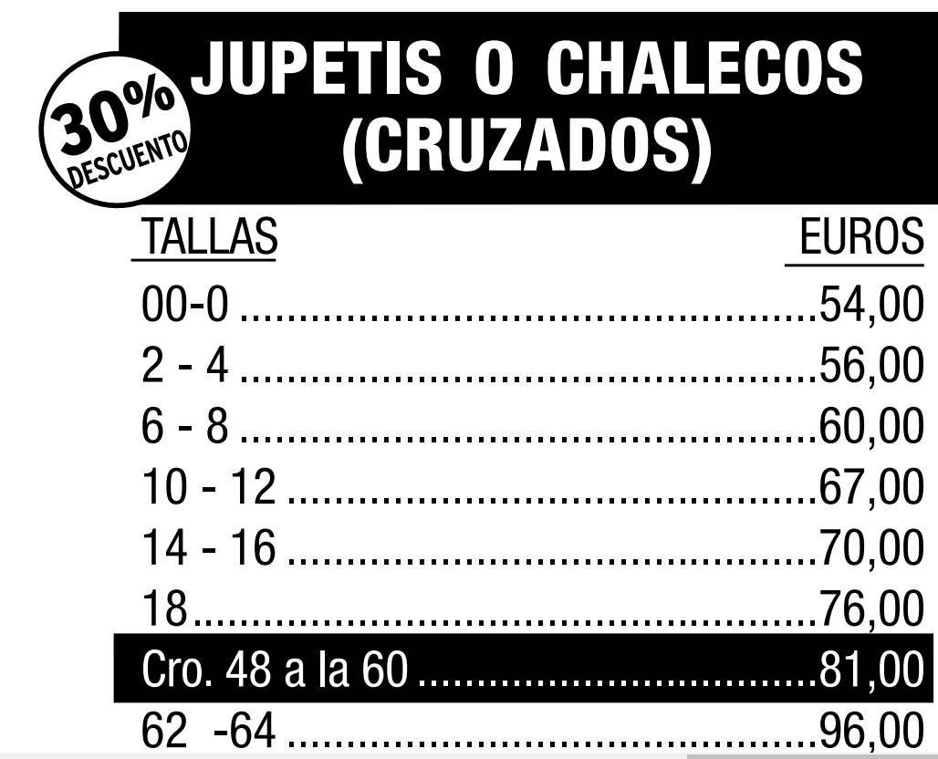 Lista de precios de chalecos o chaquetas cruzadas, con un 30% de descuento y una tabla de precios por talla que oscila entre 54€ y 96€.