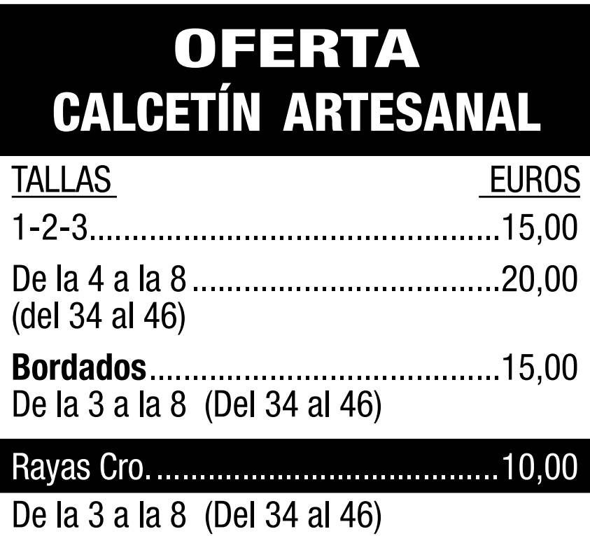 Lista de precios de calcetines hechos a mano: las tallas estándar 1-3 cuestan 15 €, las tallas 4-8 cuestan 20 €, los bordados cuestan 15 € y los de rayas cuestan 10 €.