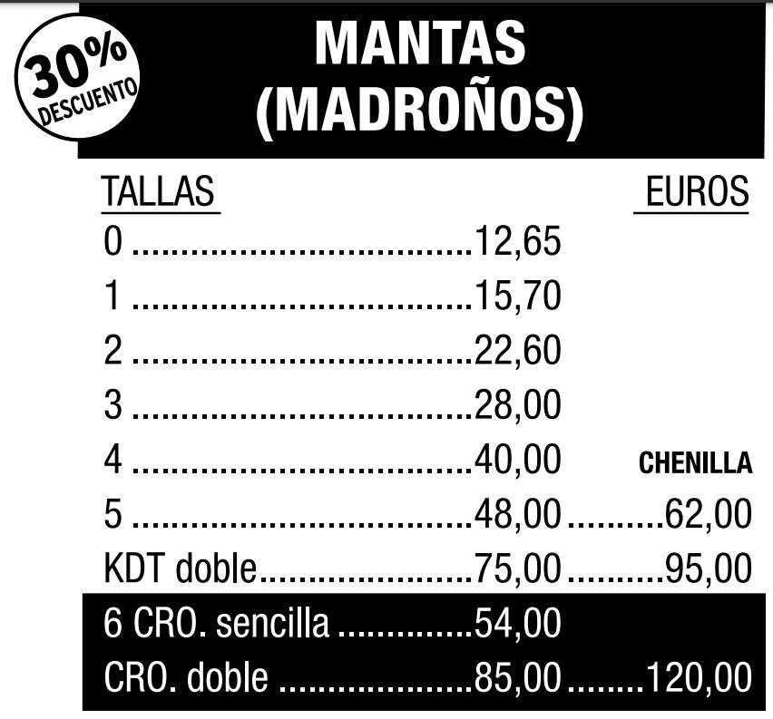 Lista de precios de mantas Madroños con un 30% de descuento, que muestra los precios por tamaño y material, incluyendo opciones de chenilla.