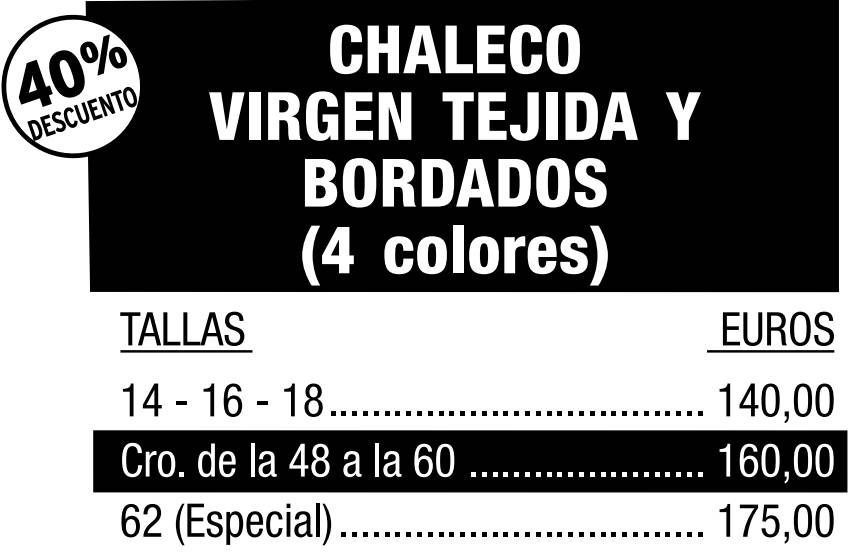 Lista de precios de un chaleco de punto bordado con un 40% de descuento, que incluye tres categorías de tallas y sus precios.
