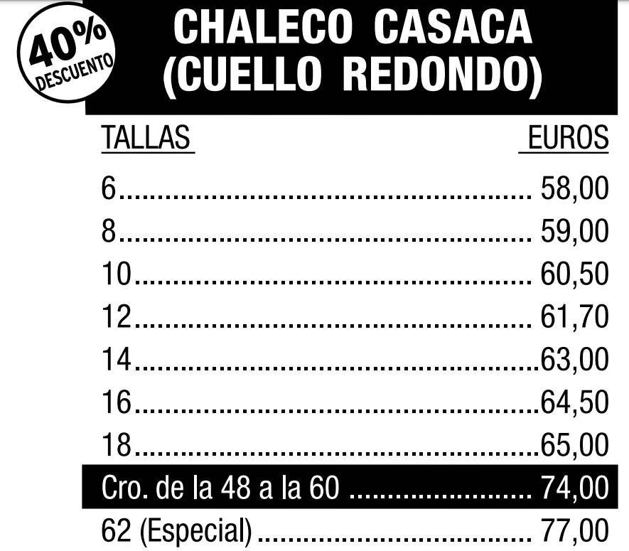 Lista de precios de chalecos de cuello redondo con un 40% de descuento, disponibles en tallas desde la 6 hasta la 62 (especial), con sus precios correspondientes.
