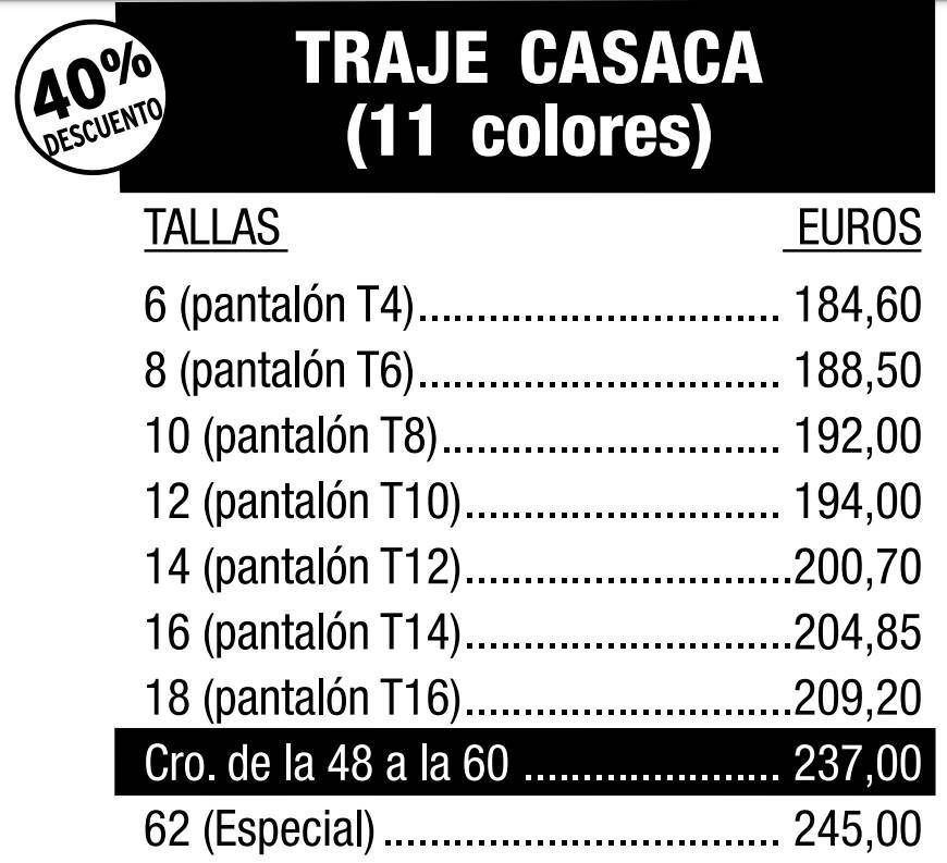 Lista de precios de un traje 