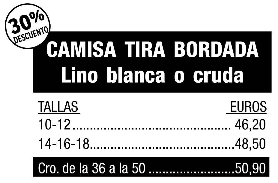 Cartel publicitario de camisas de lino bordadas en color blanco o blanco roto, con precios por talla y una oferta de descuento del 30%.