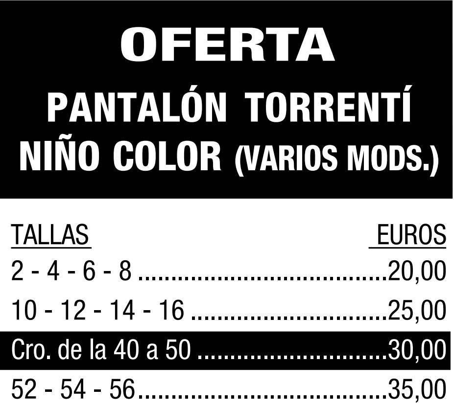 Lista de precios de pantalones Torrentí de colores, disponibles en tallas desde la 2 hasta la 56, con precios que oscilan entre los 20,00 y los 35,00 euros.