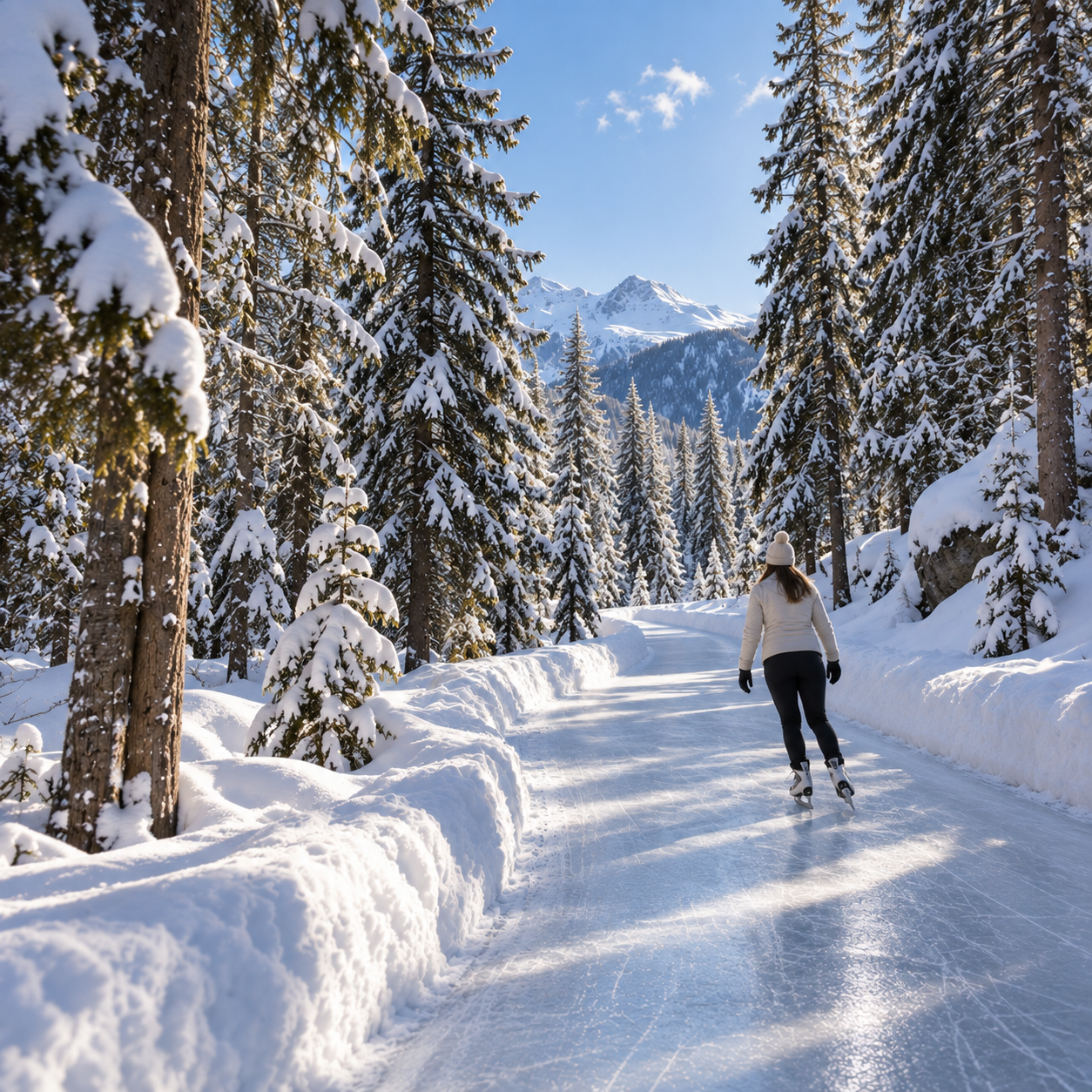 Verschneiter Schlittschuh Eisweg in Sur En  durch den Bergwald im Engadin