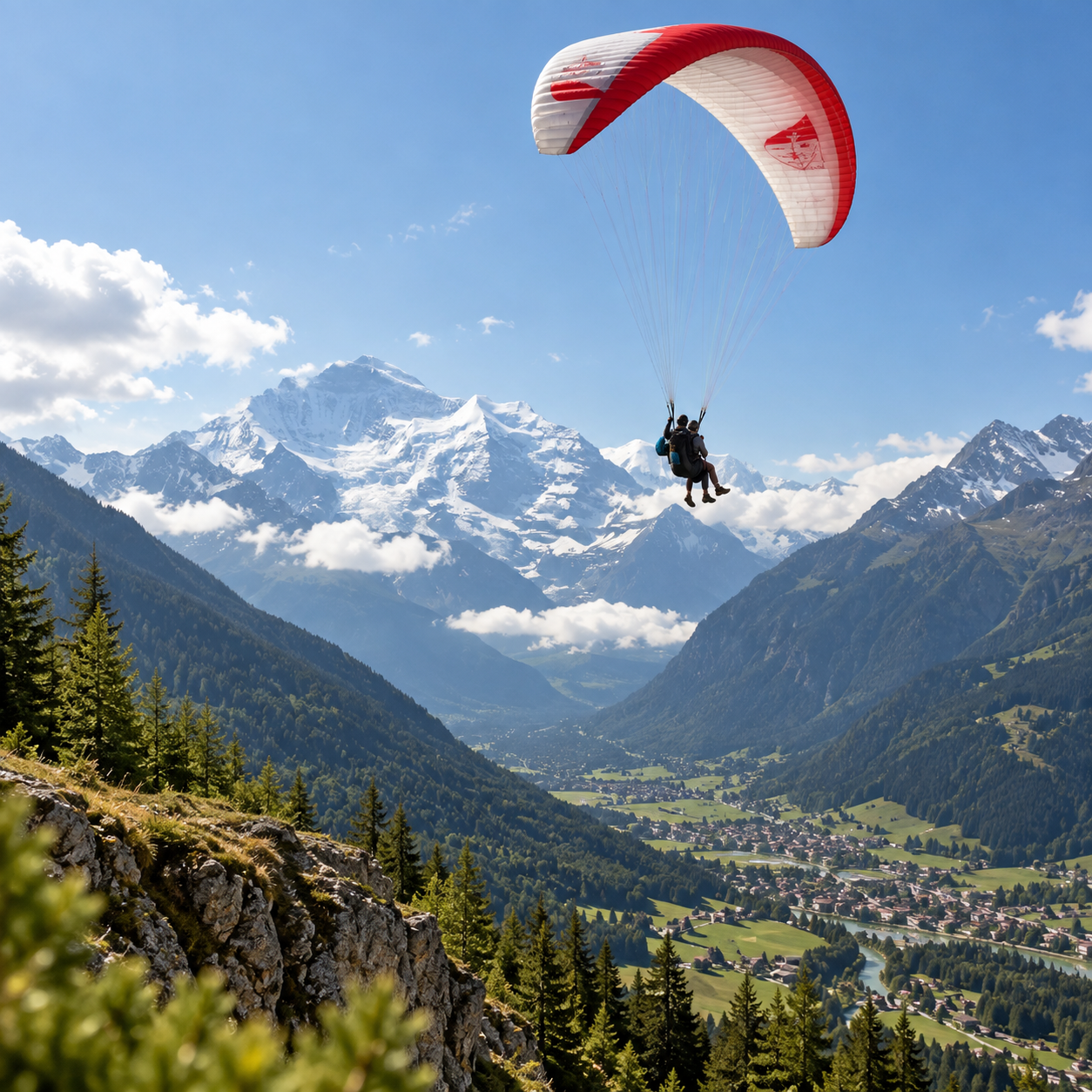 Paragliding über der Berglandschaft rund um Scuol im Engadin
