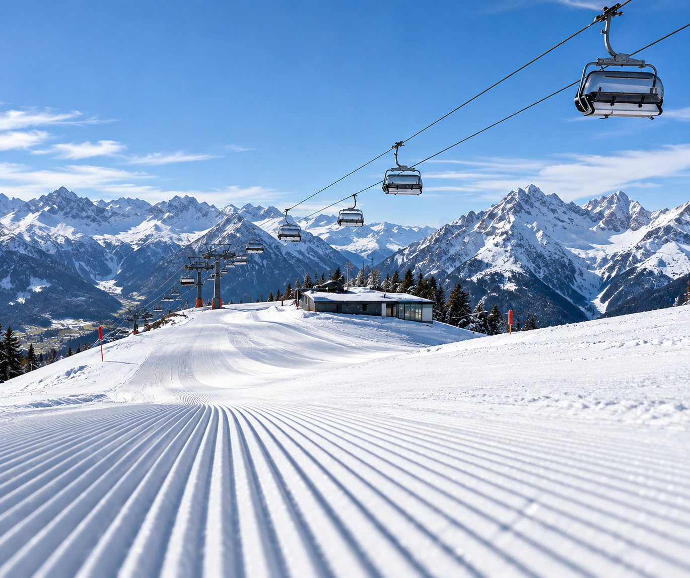 Skifahren im Skigebiet Scuol Motta Naluns mit Blick auf die Engadiner Berge