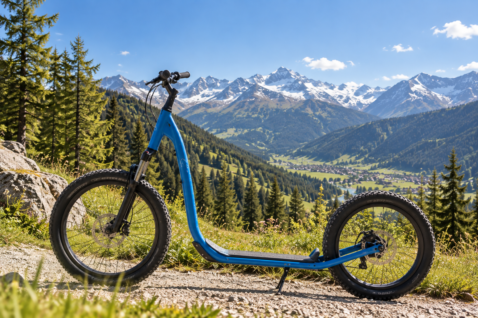 Trottinett fahren in der Bergwelt rund um Scuol im Engadin