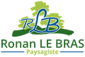 Logo pour Ronan Le Bras Paysagiste, avec des initiales stylis&eacute;es vertes et bleues et des feuilles