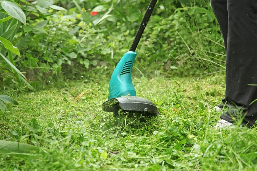 Personne utilisant un coupe-bordures à fil turquoise pour tondre l’herbe en extérieur
