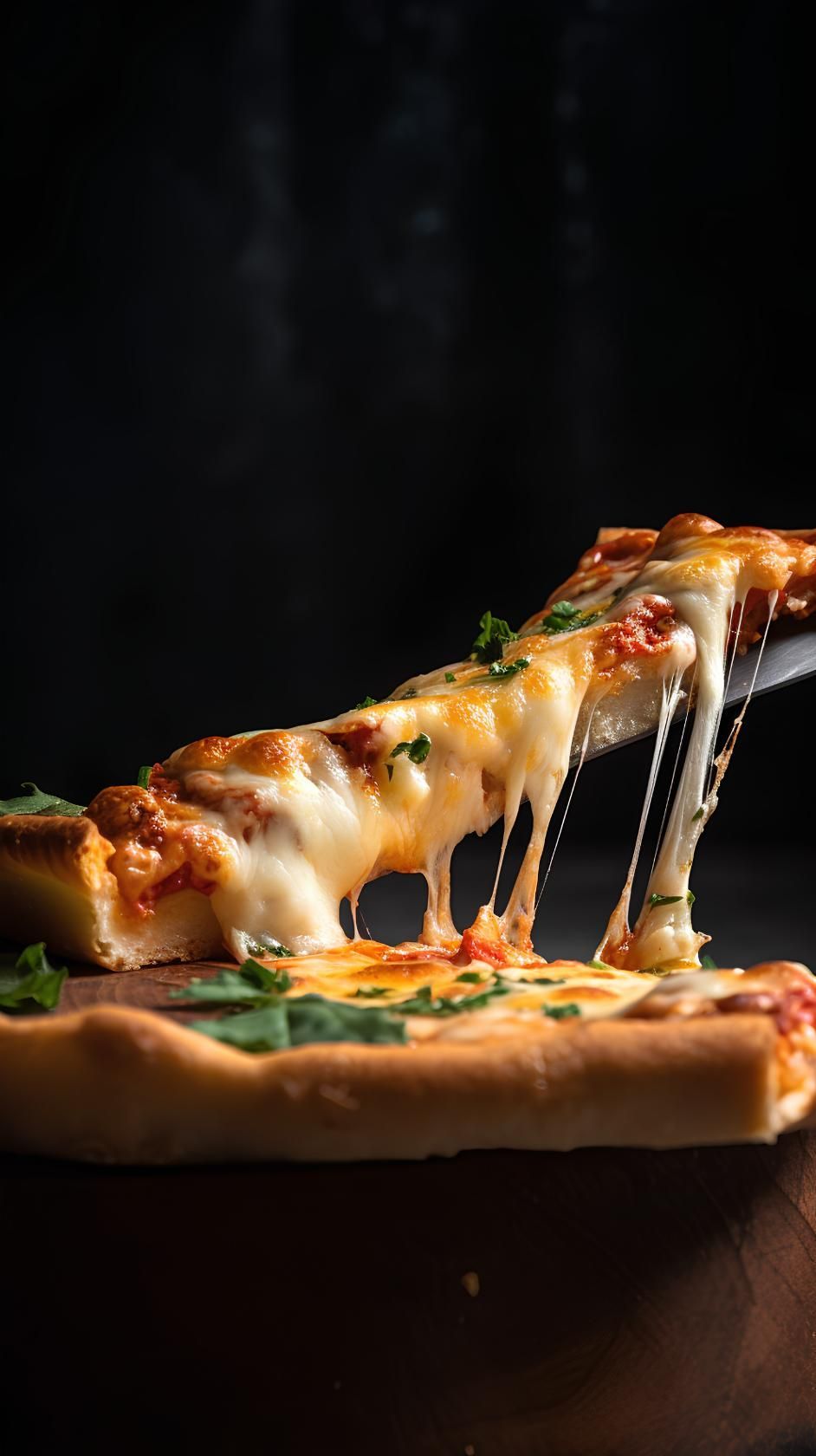 Rebanada de pizza con queso derretido siendo levantada, fondo oscuro.