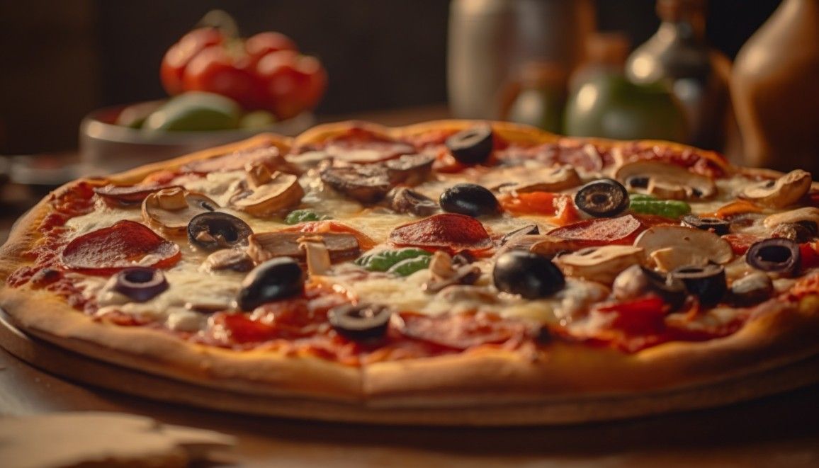 Pizza con pepperoni, aceitunas, champiñones y queso sobre una tabla de madera.