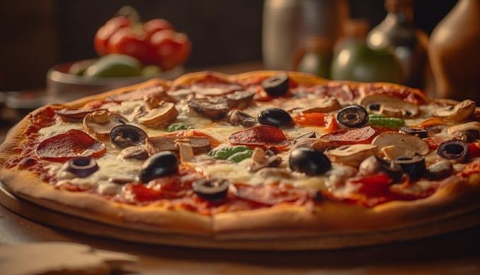 Pizza con pepperoni, aceitunas, champiñones y queso sobre una tabla de madera.
