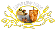 Logotipo para "Doner Kebab Turco", con kebab y wraps dentro de un anillo dorado, utensilios dorados y elementos dorados.