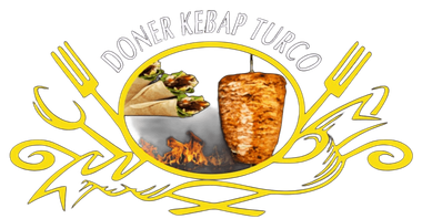 Logotipo para "Doner Kebab Turco", con kebab y wraps dentro de un anillo dorado, utensilios dorados y elementos dorados.