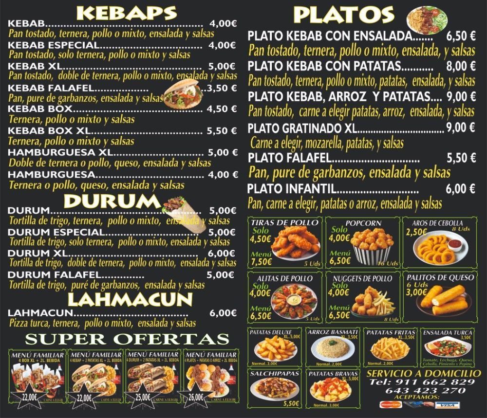 Tablero de menú con artículos de comida como kebabs, durum y platos, con precios.