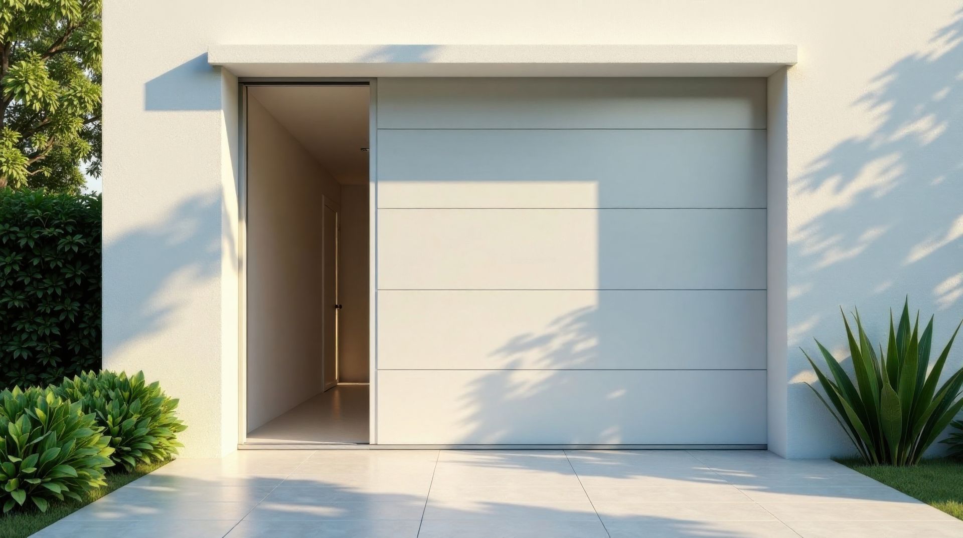 Porte de garage coulissante blanche, entrouverte. 