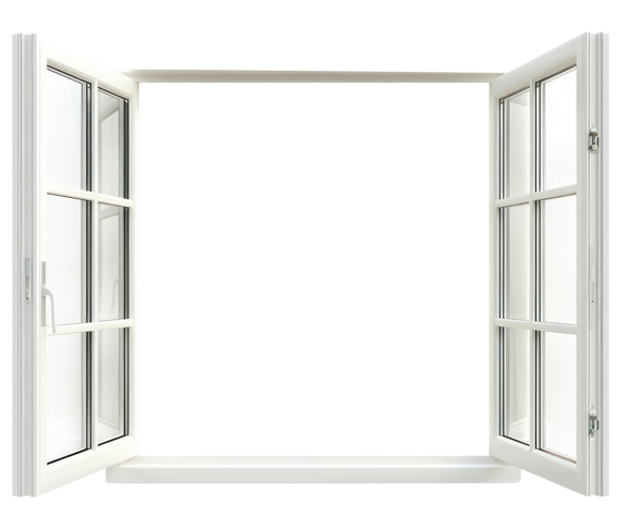 Fenêtre blanche ouverte à deux carreaux, sur fond blanc.