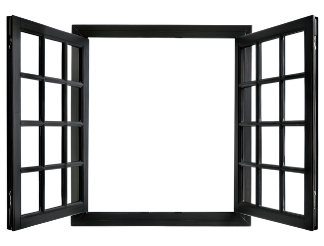 Cadre de fenêtre noir ouvert à deux carreaux, révélant un espace vide.