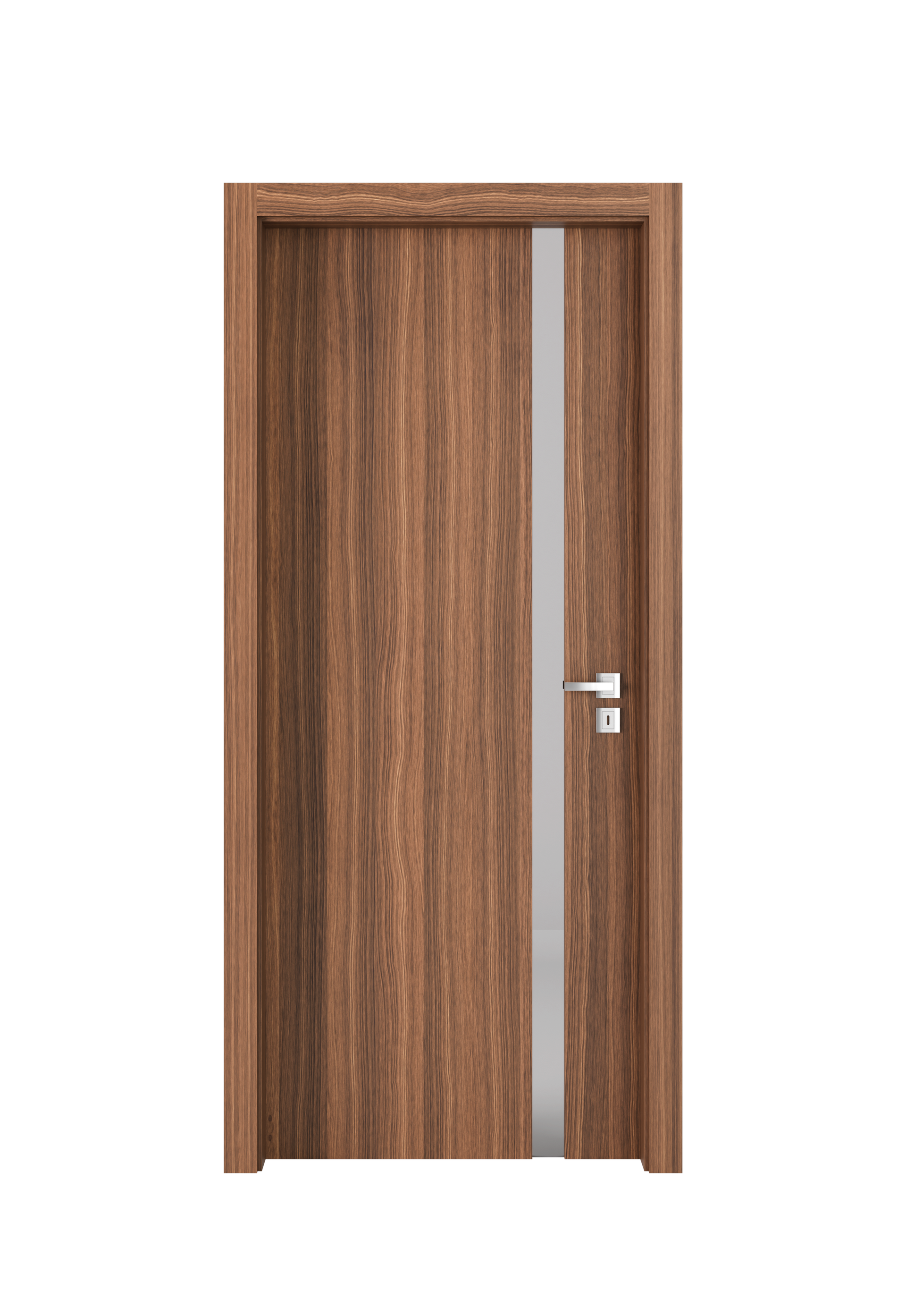 Porte en bois avec une rayure verticale claire et une poignée argentée.