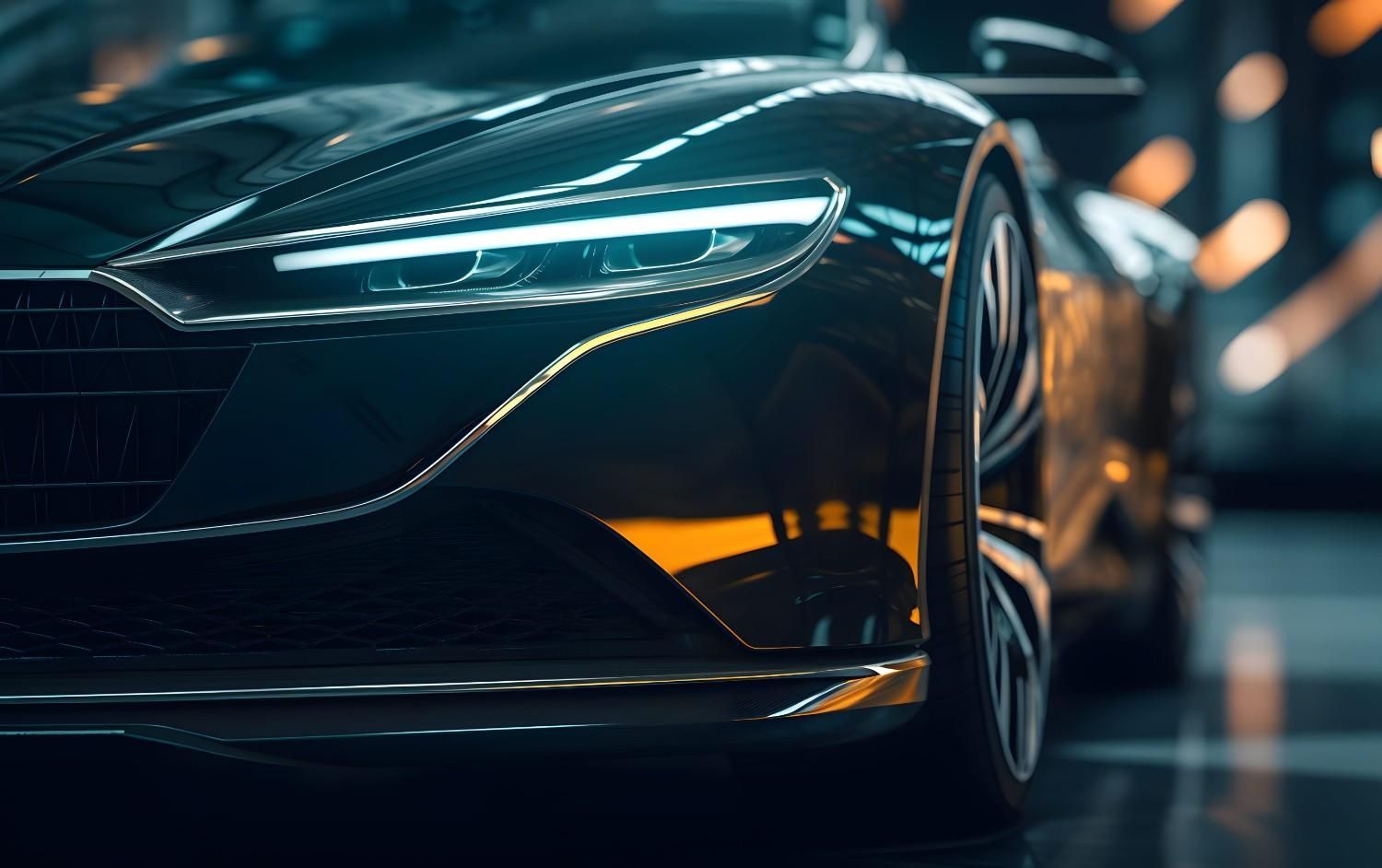 Primer plano de un elegante coche deportivo gris oscuro con faros LED afilados, expuesto en una sala de exposición moderna.